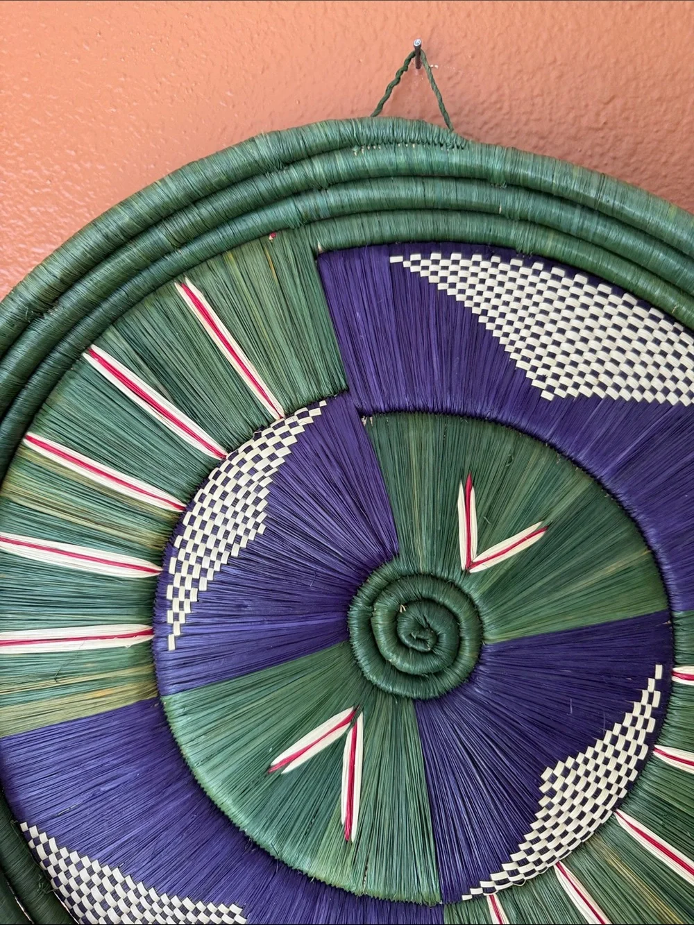 Handwoven Decorative Wall Basket in Green & Purple (14” Diameter)